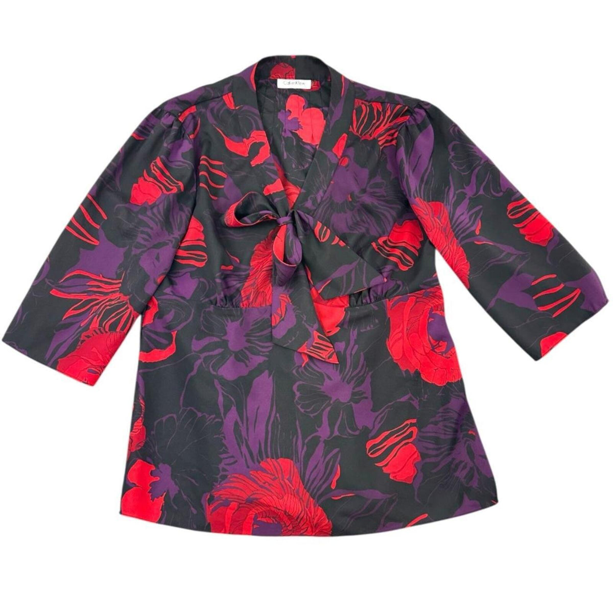 Calvin Klein Floral Bow Collar 3/4 Sleeve Blouse Red Purple