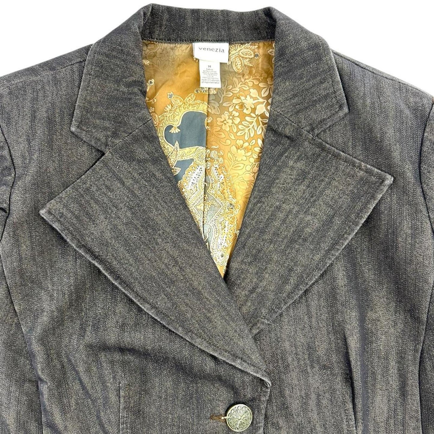 Venezia Vintage 90s Dark Brown Blazer with Gold Paisley Lining Y2K