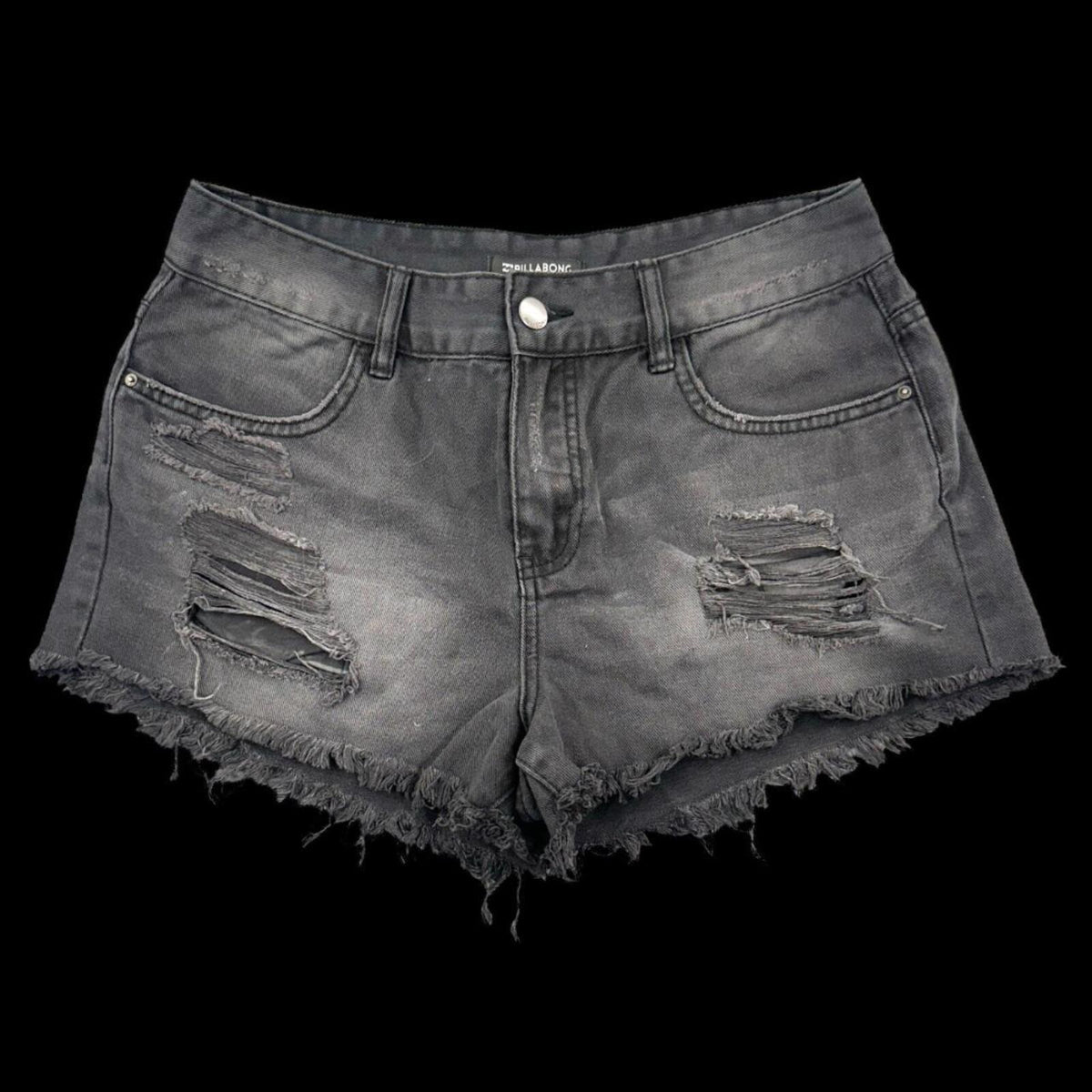 Billabong Distressed Black Denim Shorts Y2K Skater Streetwear Raw Hem