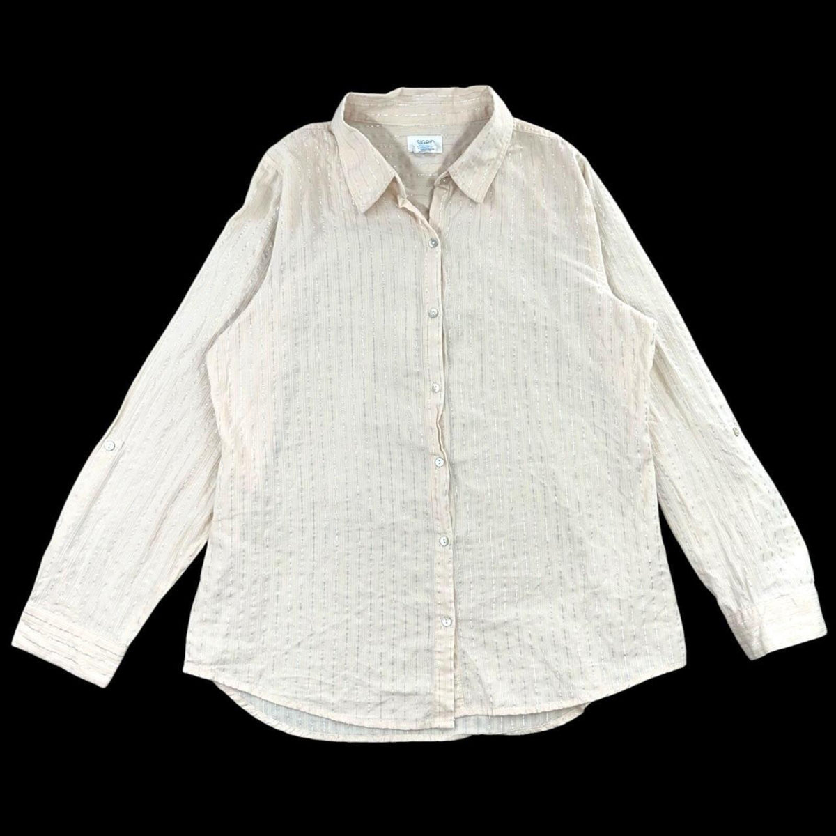 Sigrid Olsen Vintage Cream Linen Blend Button Down Blouse with Metallic Pinstrpe