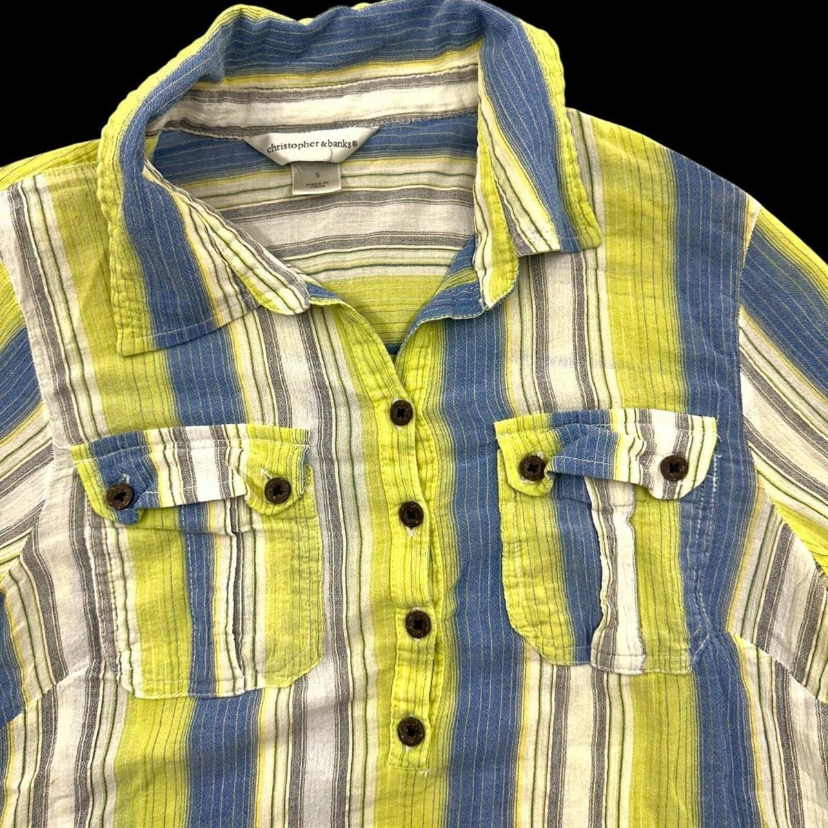 Christopher & Banks Vintage Striped Button Up Top in Blue White Lime Green