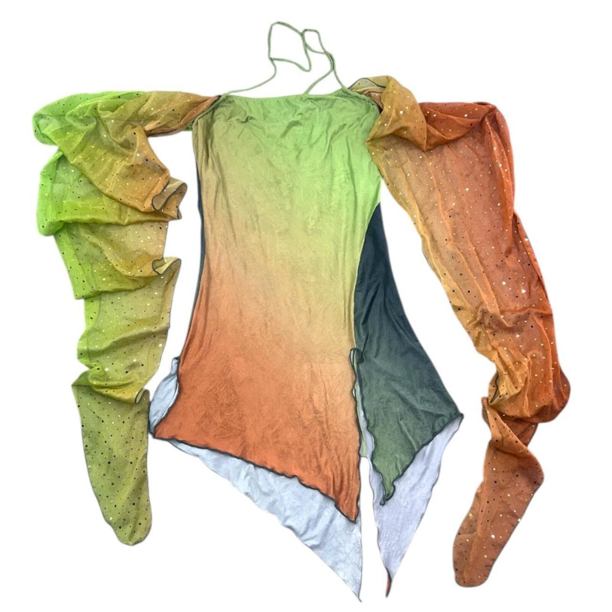 Y2K Fairycore Gradient Mesh Dress with Sheer Sleeves and Sequin Accents