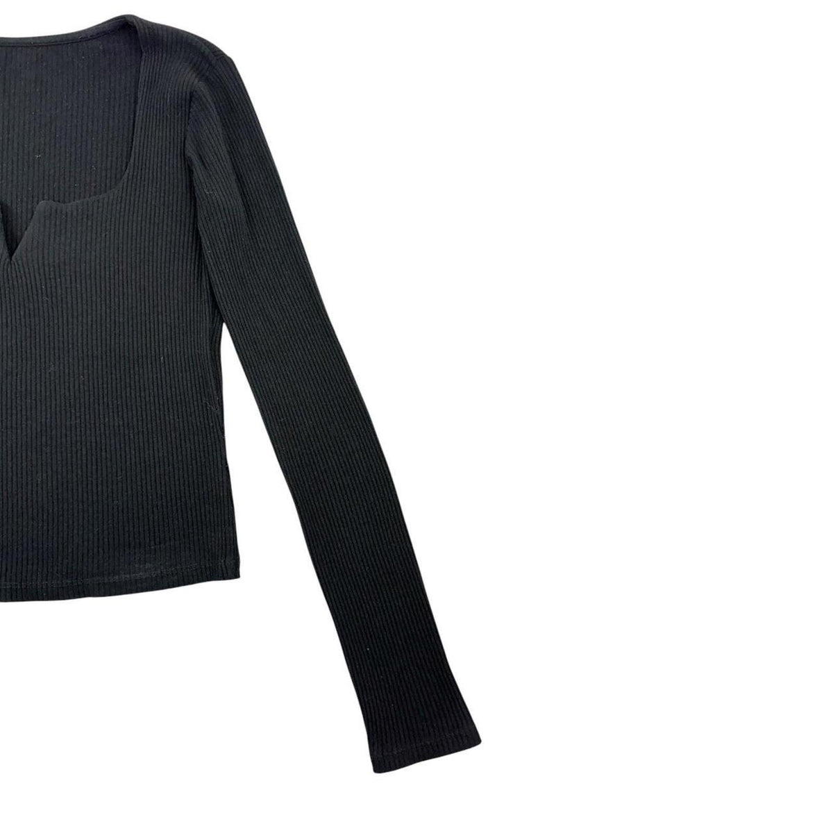 Black Ribbed Long Sleeve Top with Notch Neckline Y2K Minimalist Preppy