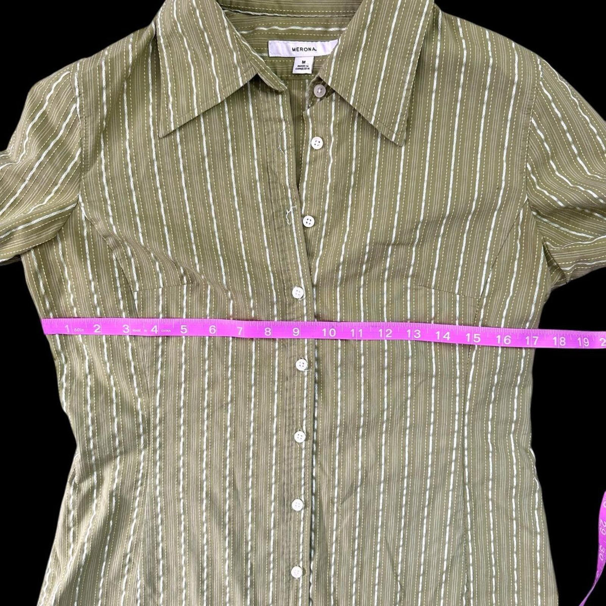 Merona Chartreuse Embroidered Blouse Green White Button Up 3/4 Sleeve