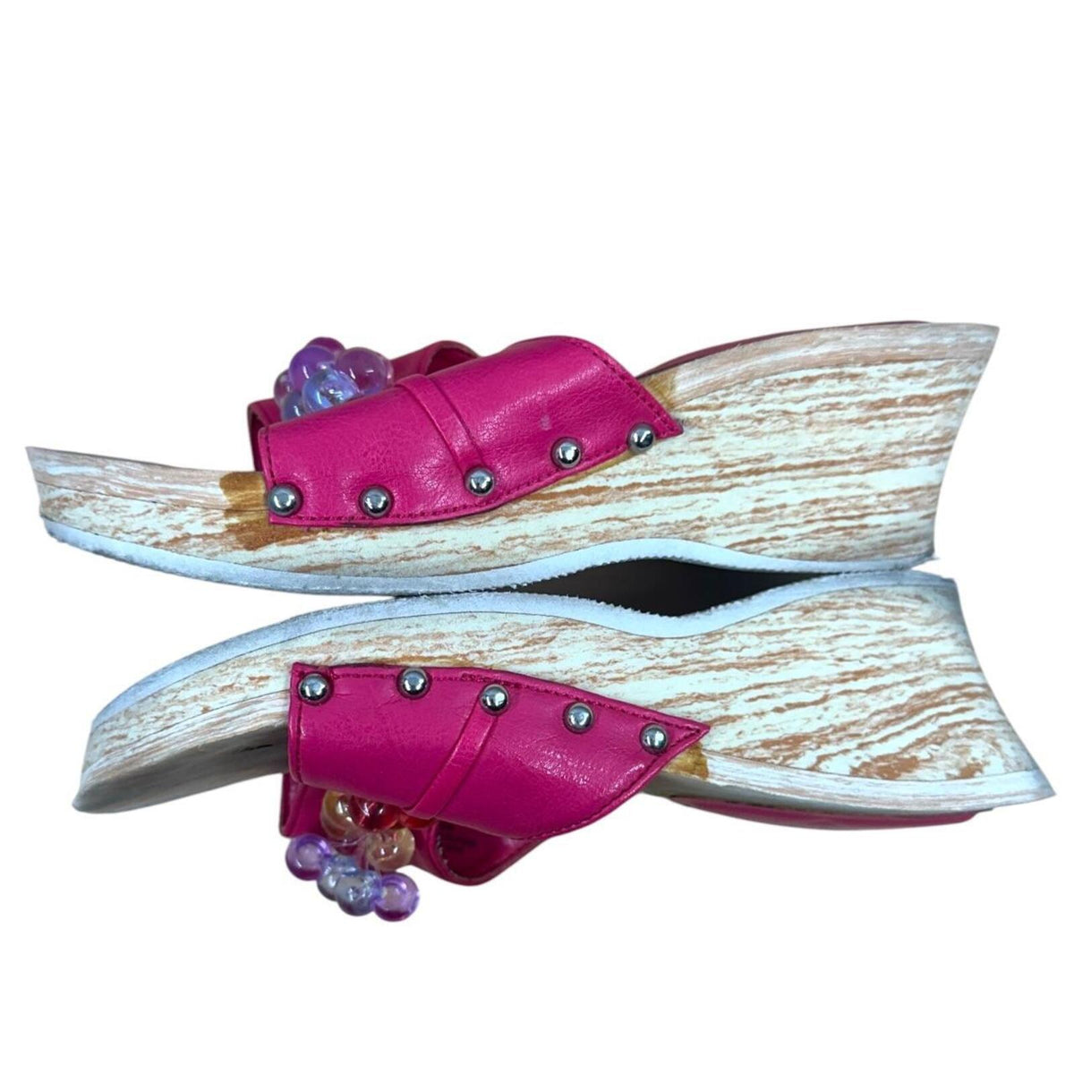Hot Pink Y2K Wedge Sandals with Crystal Bead Accents