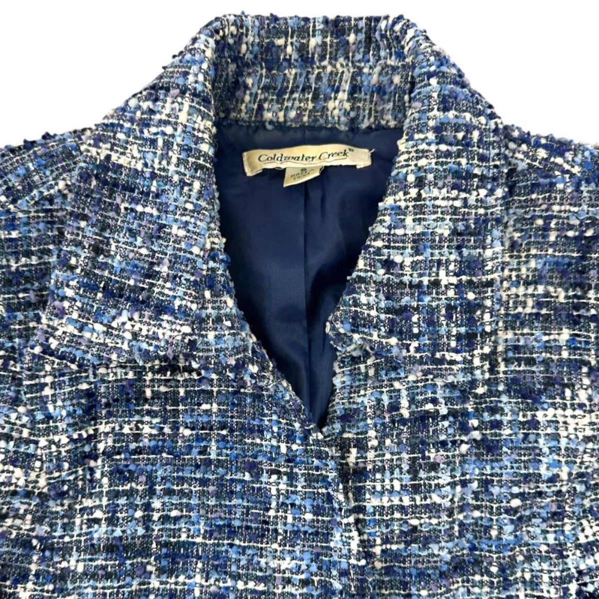 Coldwater Creek Blue Tweed Boucle Blazer Vintage Inspired Preppy Minimalist