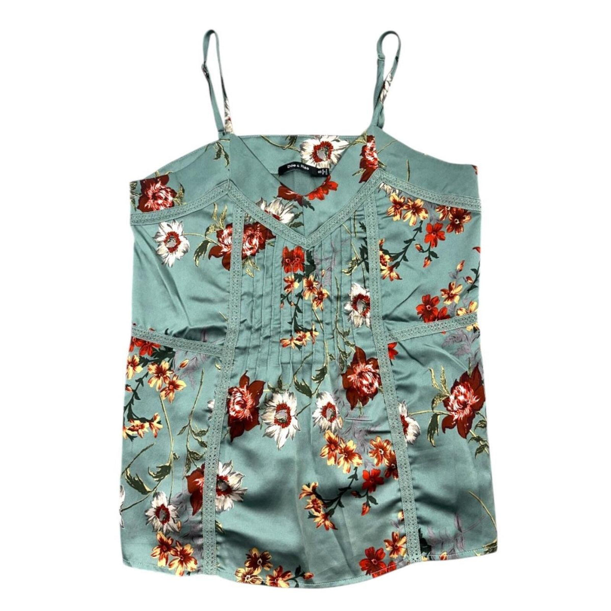 Doe & Rae Satin Floral Camisole Top in Teal with Lace Trim and Pintuck Pleats