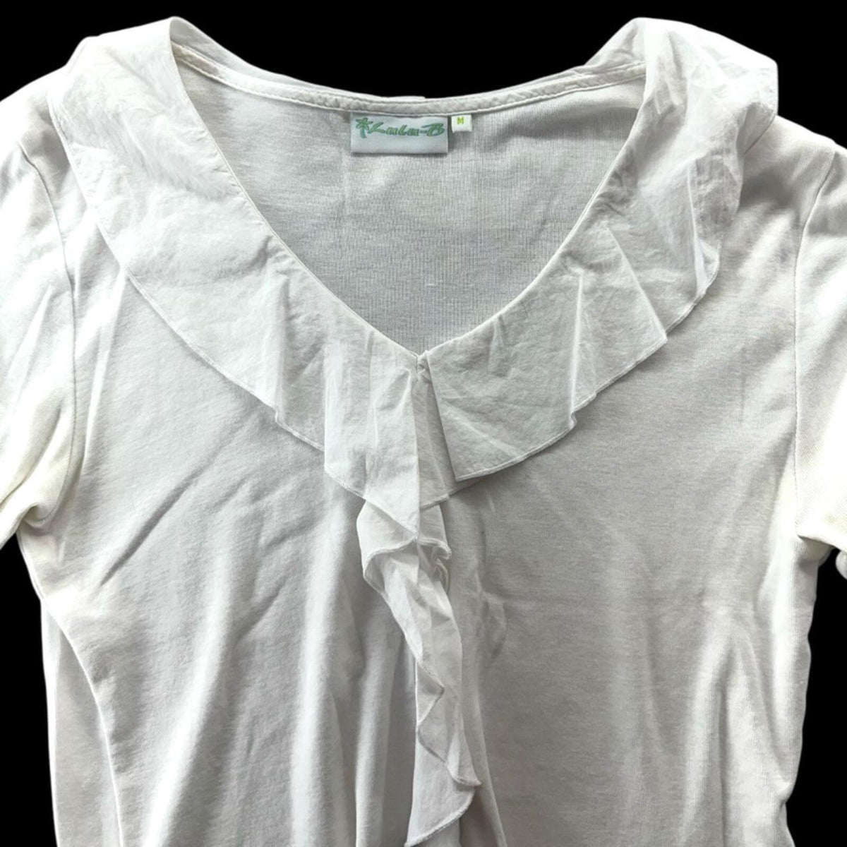 Lulu-B White Ruffled Neck V Neck Blouse Medium Y2K Fairycore Coquette