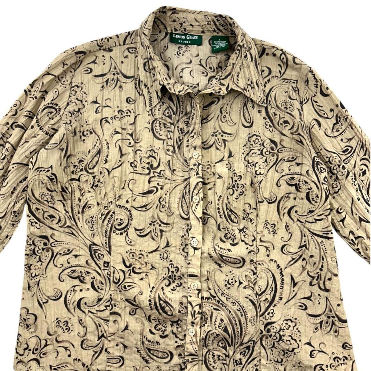 Lemon Grass Studio Brown Tan Paisley Button Down Blouse Y2K Bohemian Casual