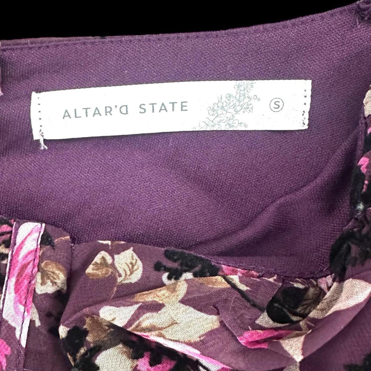 Altar'd State Burgundy Floral Velvet Mini Dress with Ruffles and Puff Sleeves