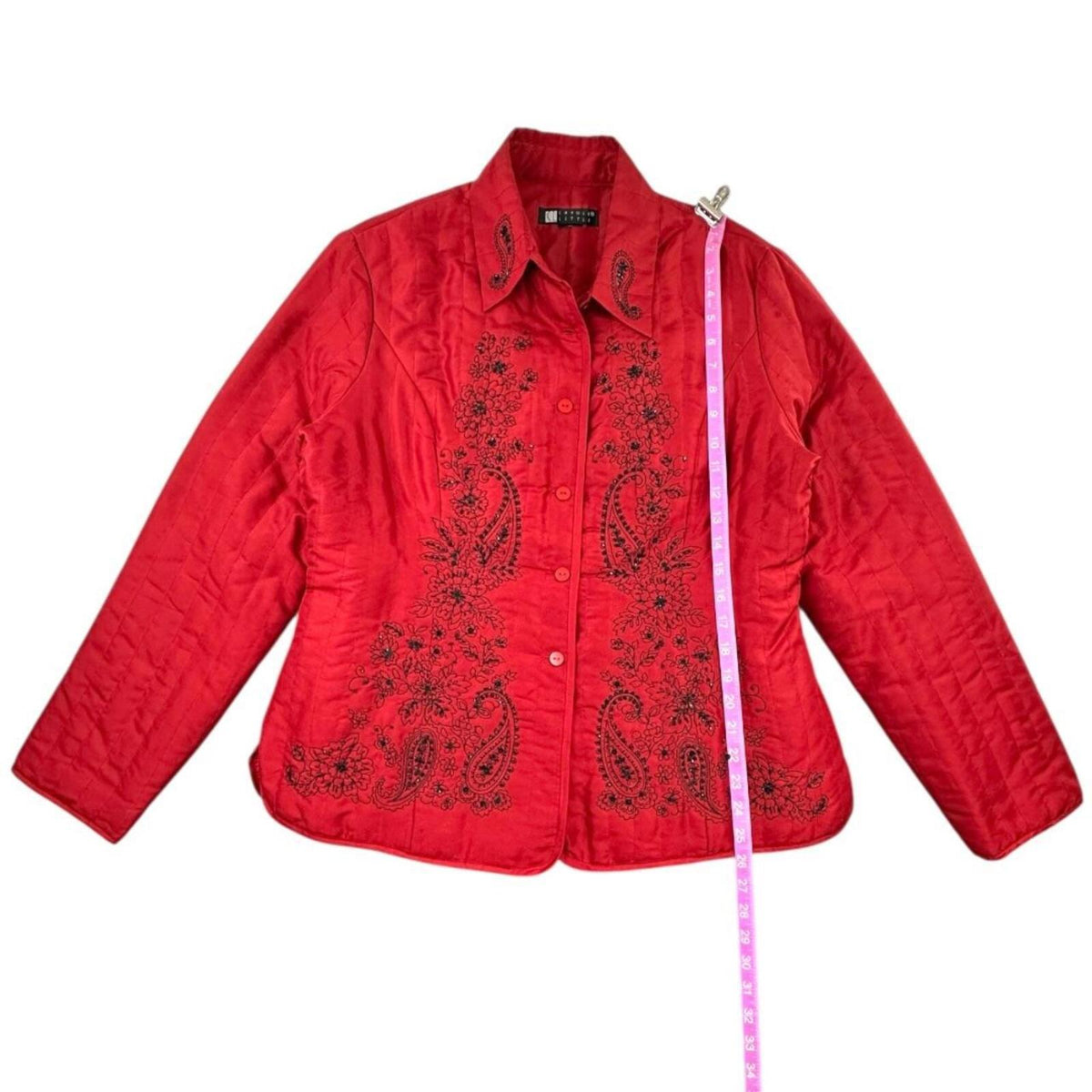 Carole Little Vintage Red Quilted Silk Jacket with Black Floral Embroidery