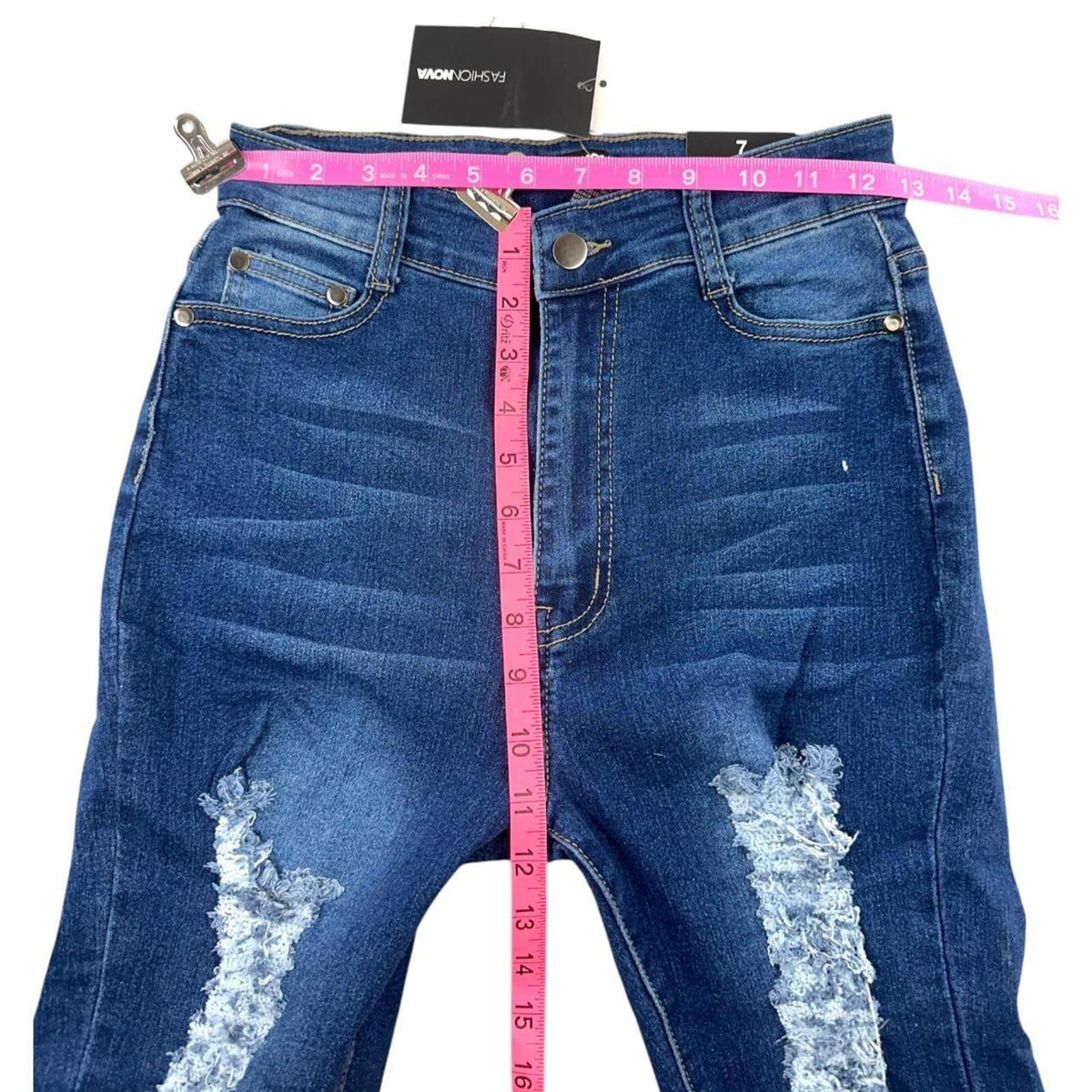 Fashion Nova Heavy Distressed Skinny Jeans High Waisted Blue Navy Stretch Denim
