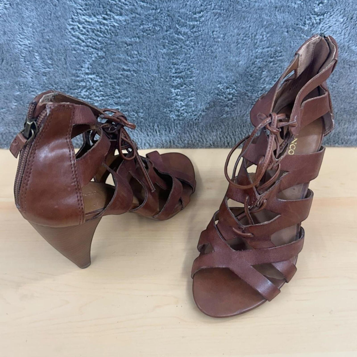 Franco Sarto Lace Up Gladiator Heels Brown Leather