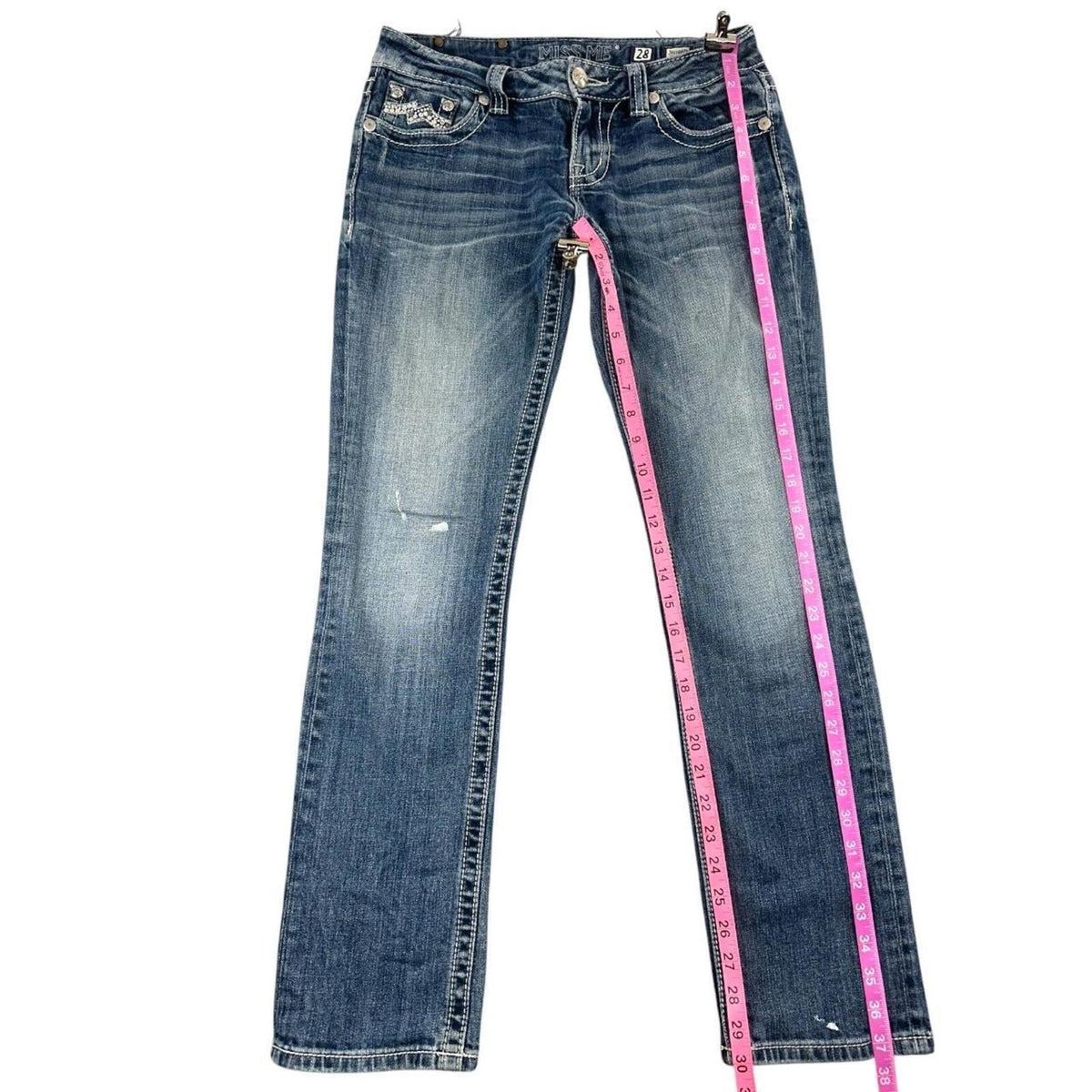 Miss Me Y2K Denim Jeans Mid Rise Straight Leg Blue with Rhinestone Embellished