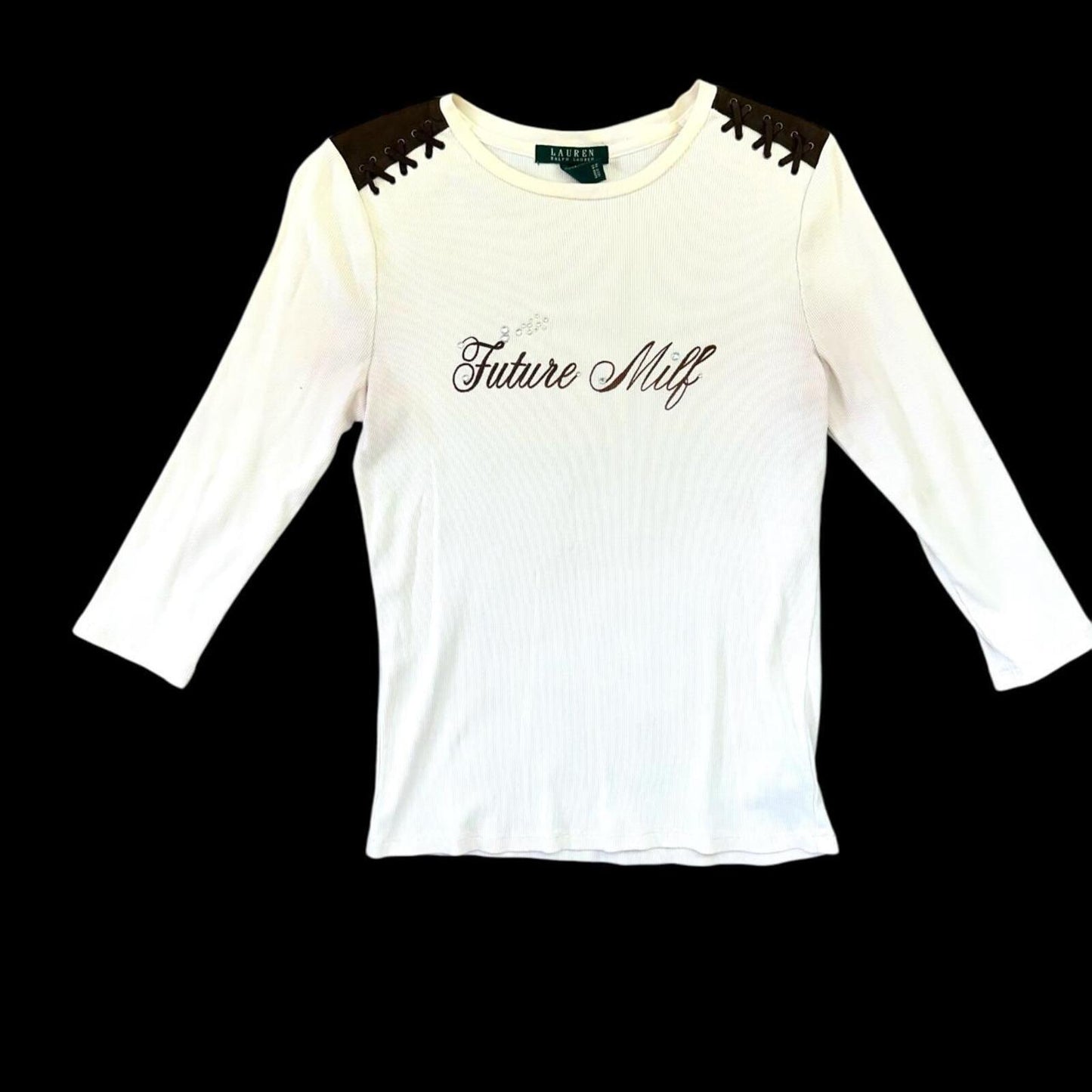 Lauren Ralph Lauren Y2K Cream and Brown 'Future Milf' 3/4 Length Long Sleeve