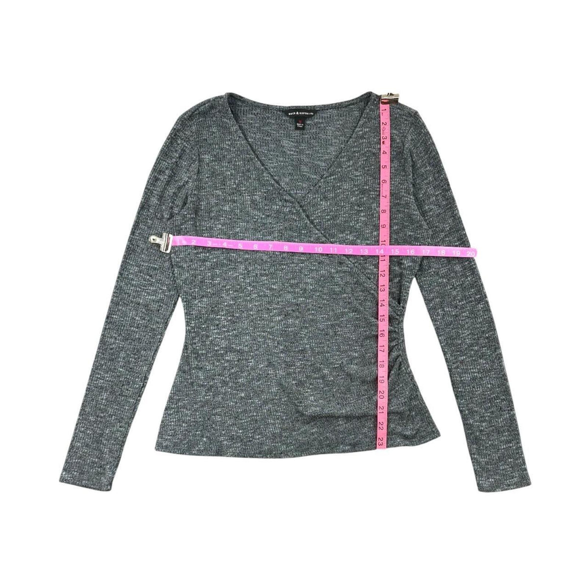 Rock & Republic Gray Marled Knit Faux Wrap Long Sleeve Top