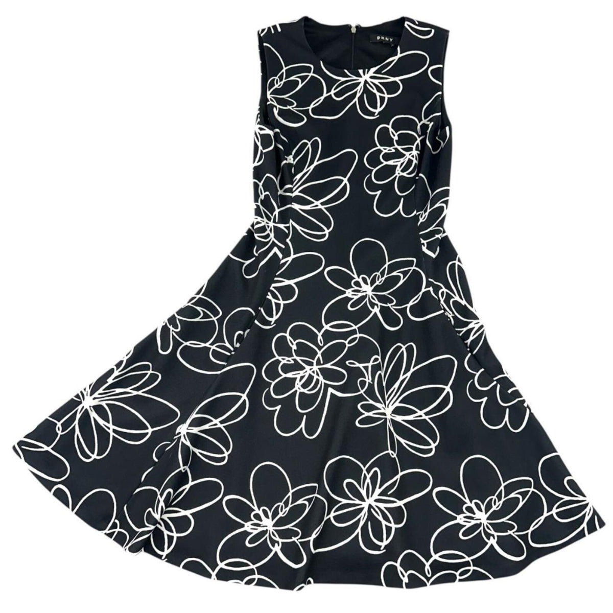 DKNY Sleeveless Fit and Flare Dress Black with White Floral Print