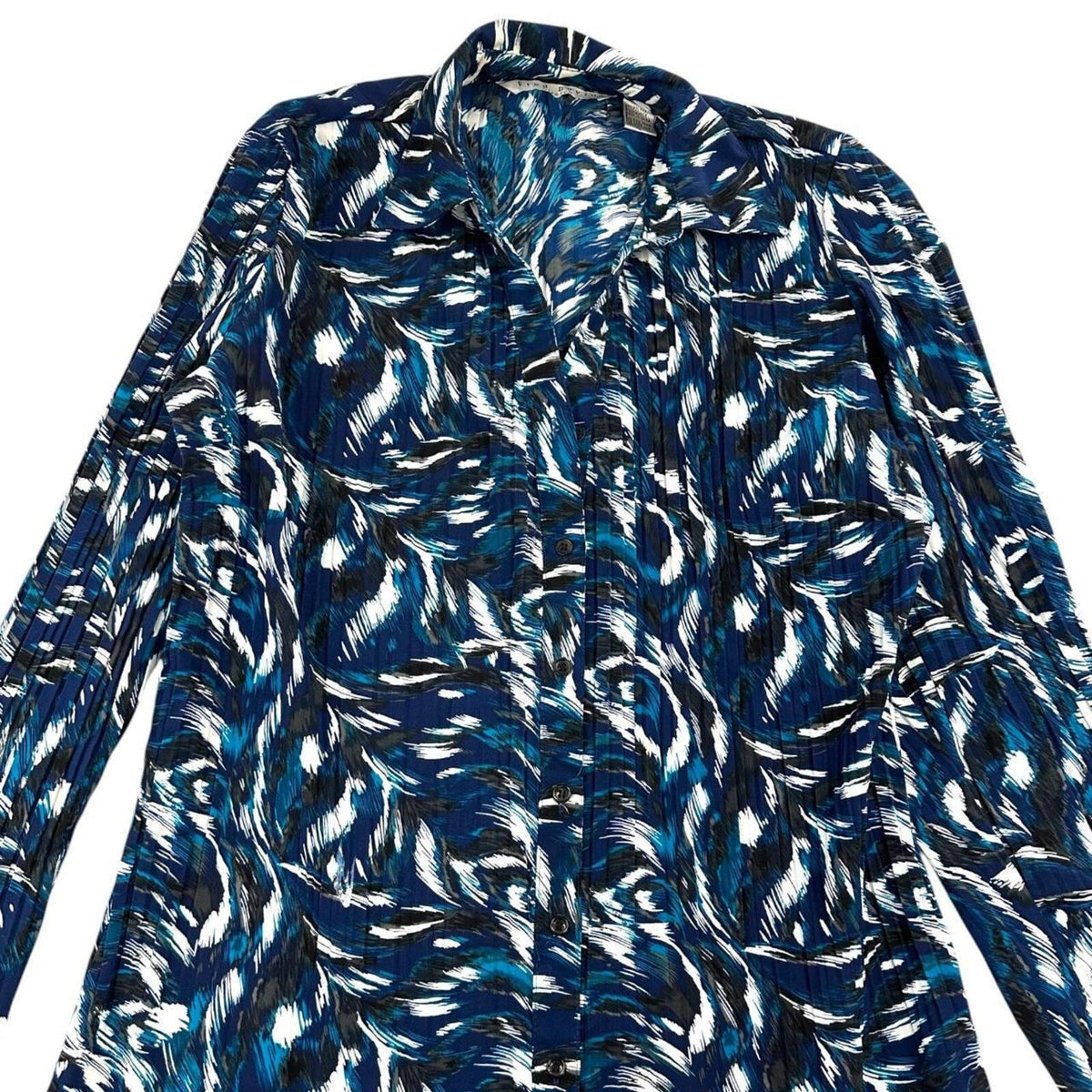 Fred David Y2K Office Siren Blouse in Blue Black Abstract Brushstroke Pattern