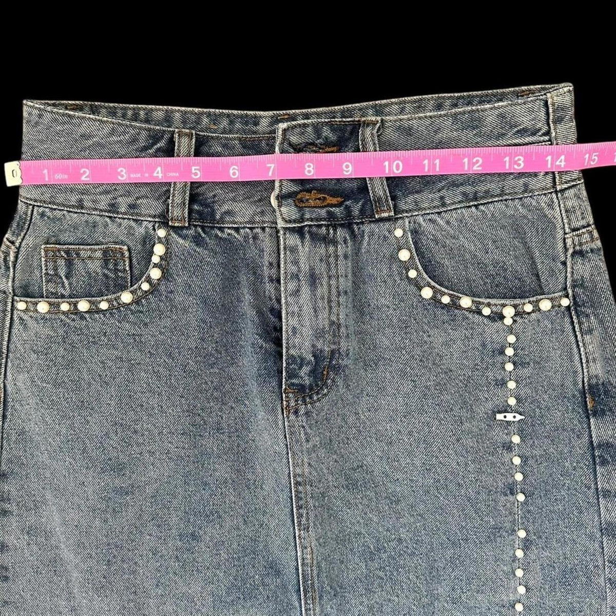 Up Jeans Denim Skirt with Pearl Detailing and Slit Blue