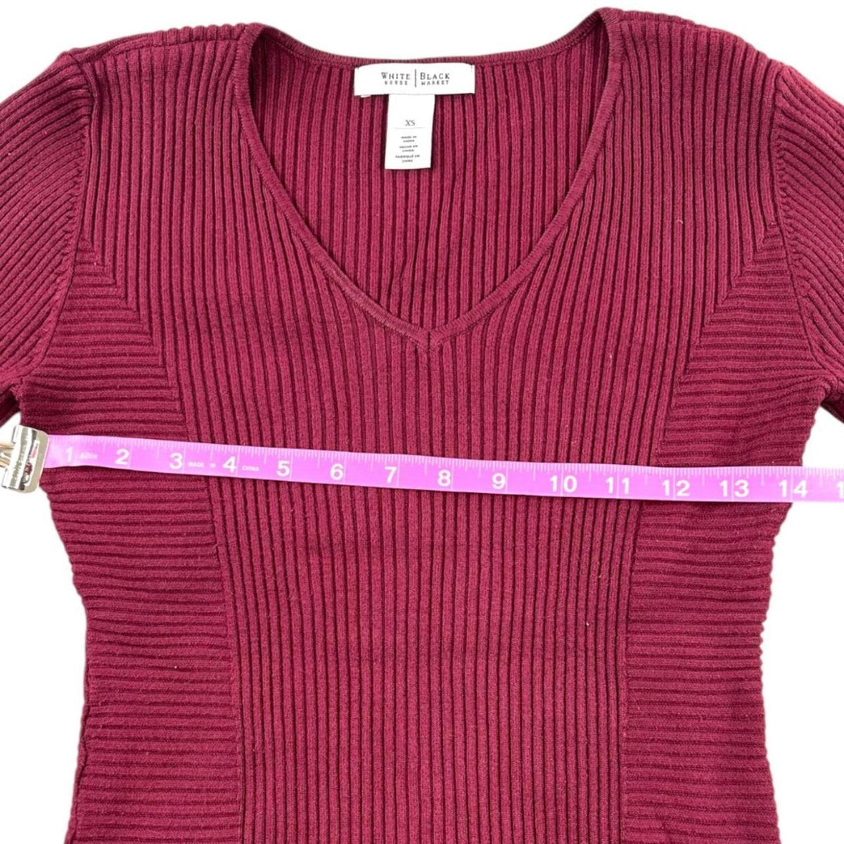 White House Black Market Burgundy V Neck Ribbed Sweater Elegant Preppy Minimal