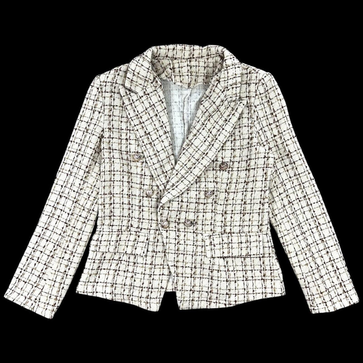SHEIN Cream and Brown Tweed Double Breasted Blazer with Gold Buttons