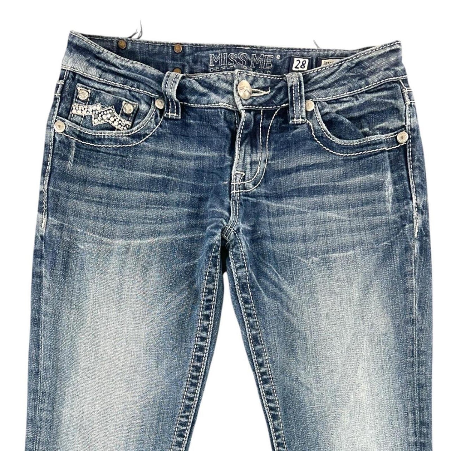 Miss Me Y2K Denim Jeans Mid Rise Straight Leg Blue with Rhinestone Embellished