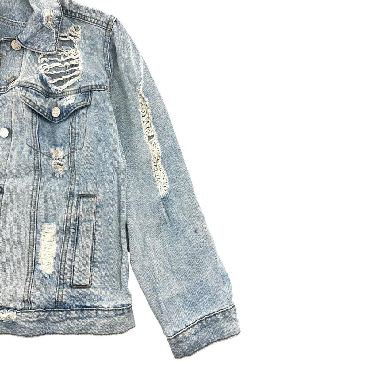 Charlotte Russe Heavy Distressed Light Wash Denim Jacket with Distressed Back
