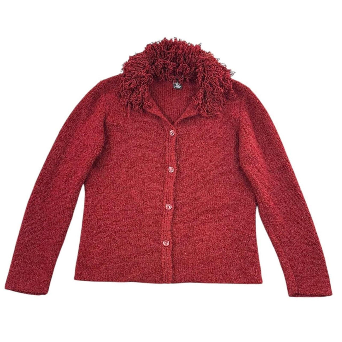Dialogue Red Burgundy Y2K Cardigan Shaggy Fringe Collar Vintage Inspired Boho