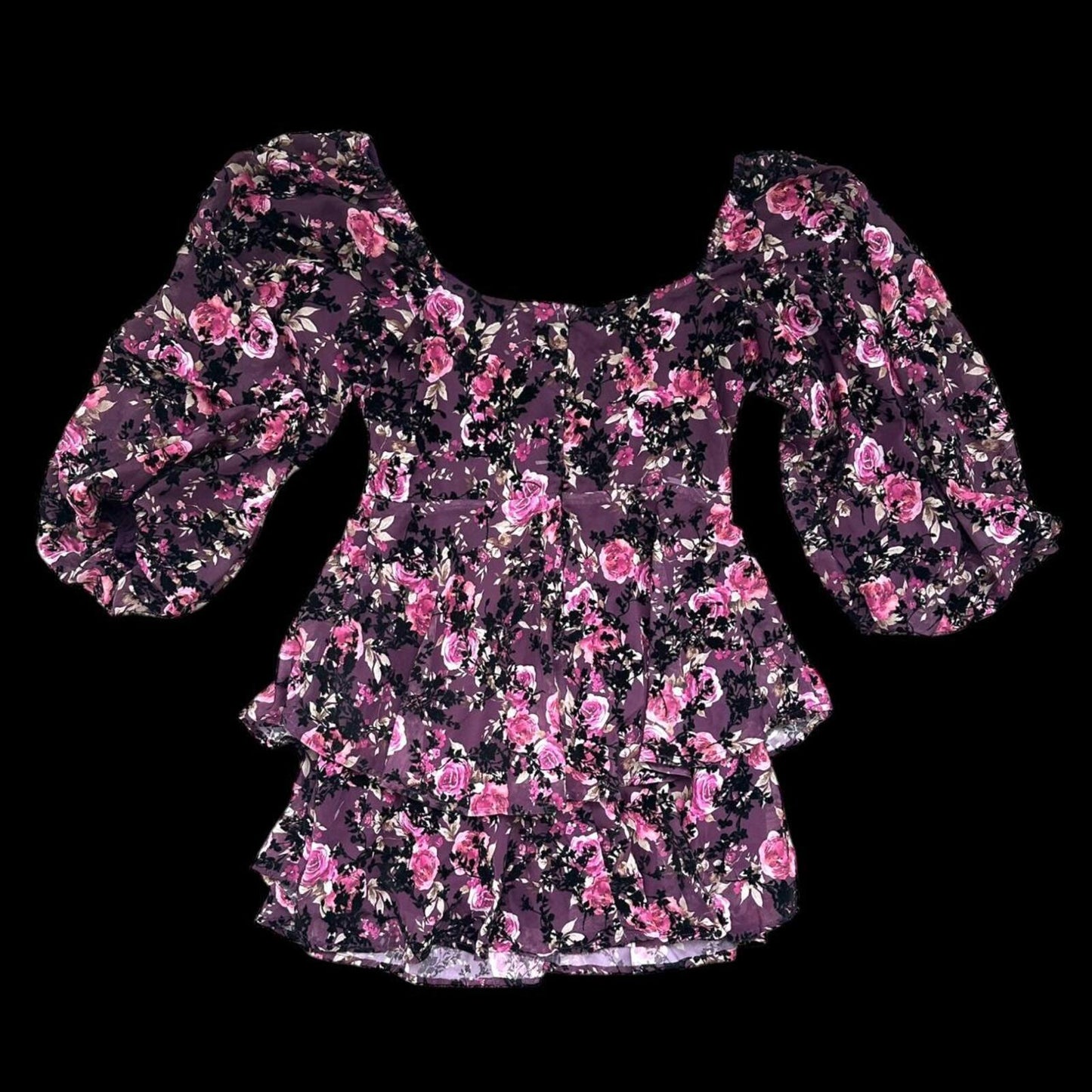 Altar'd State Burgundy Floral Velvet Mini Dress with Ruffles and Puff Sleeves