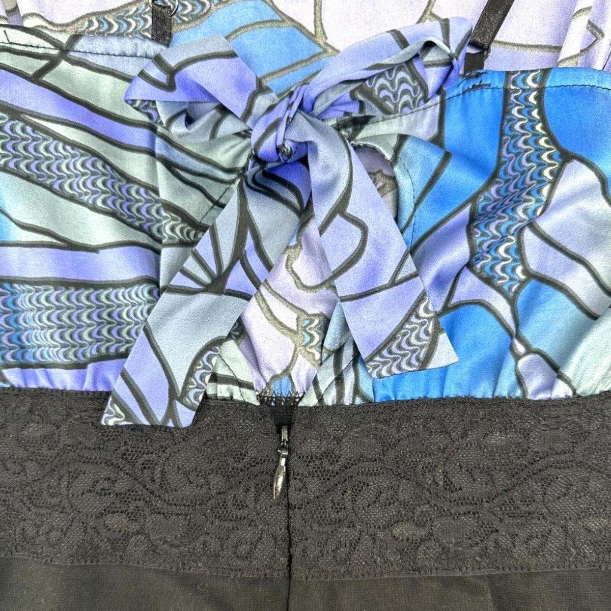 Free People Bold & Banded Mini Dress Black Blue Abstract Pattern Lace Waist Y2K
