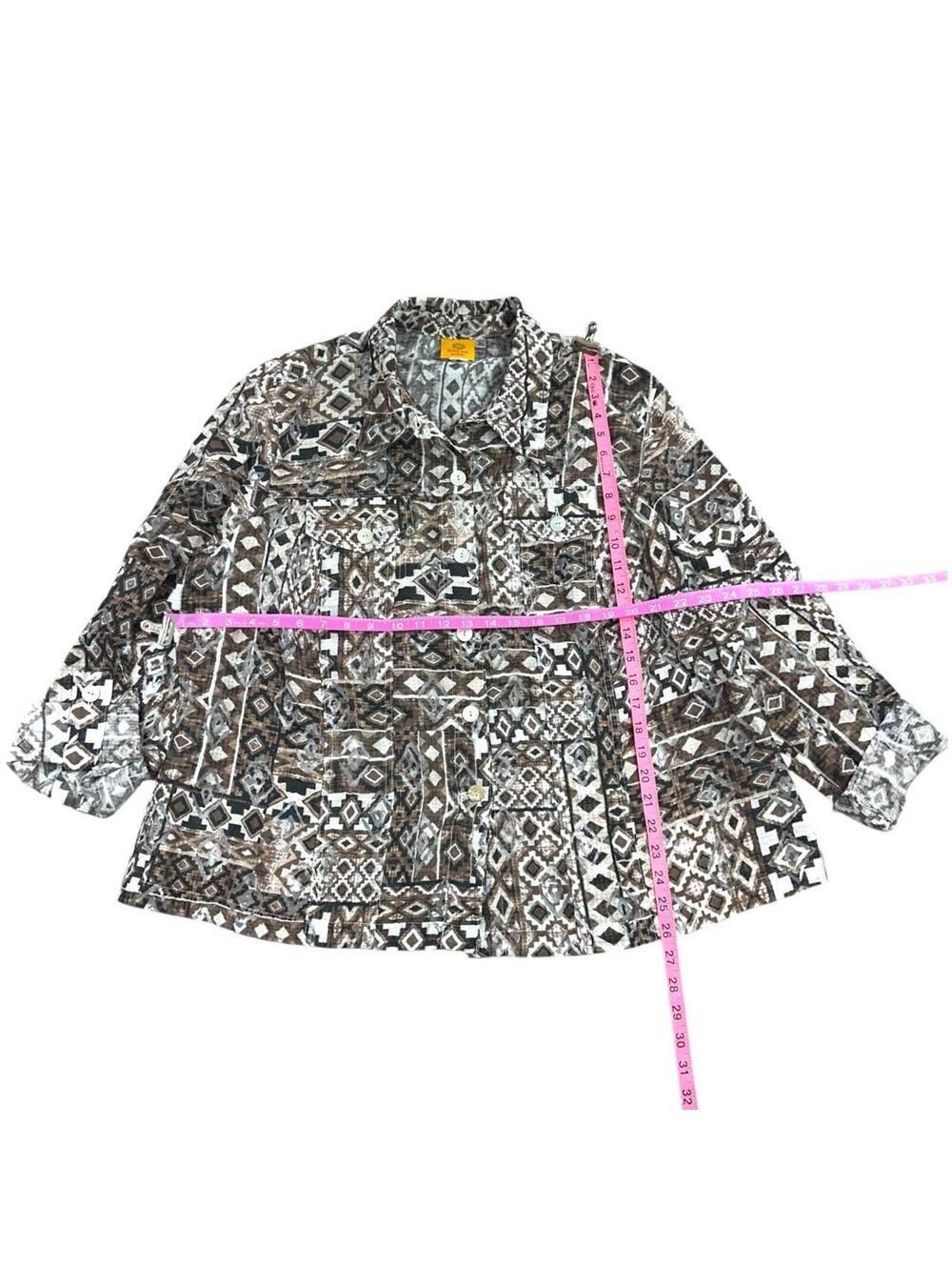 Ruby Rd. Brown Tribal Geometric Button Down Blouse Lightweight Jacket