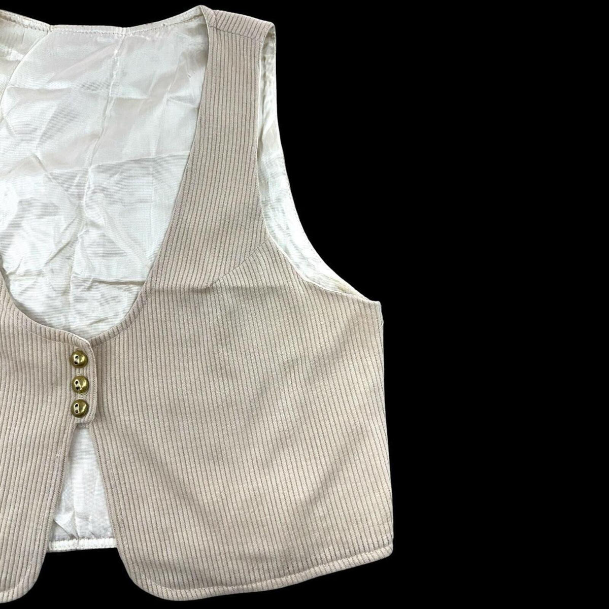 Beige Ribbed Waistcoat Vest with Three Button Closure and V Neck