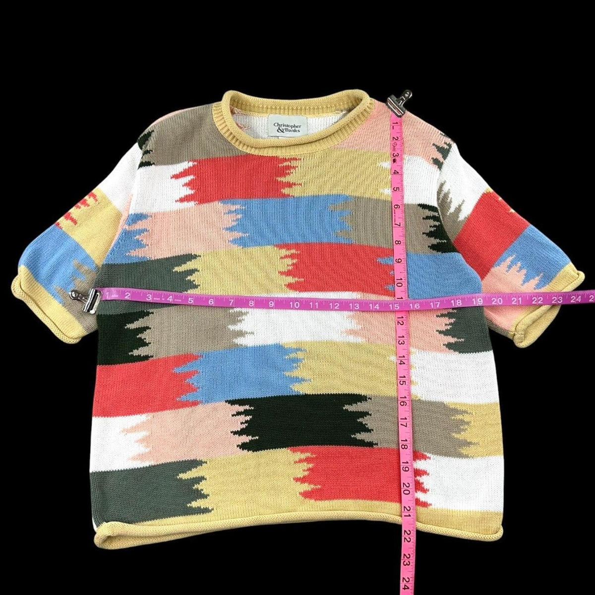 Christopher & Banks Multi Color Abstract Block Pattern Short Sleeve Sweater