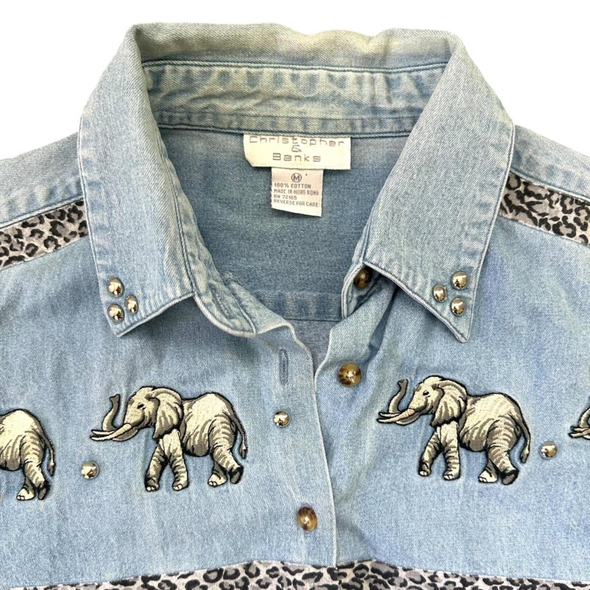 Christopher & Banks Vintage Denim Shirt with Embroidered Elephants Leopard Trim