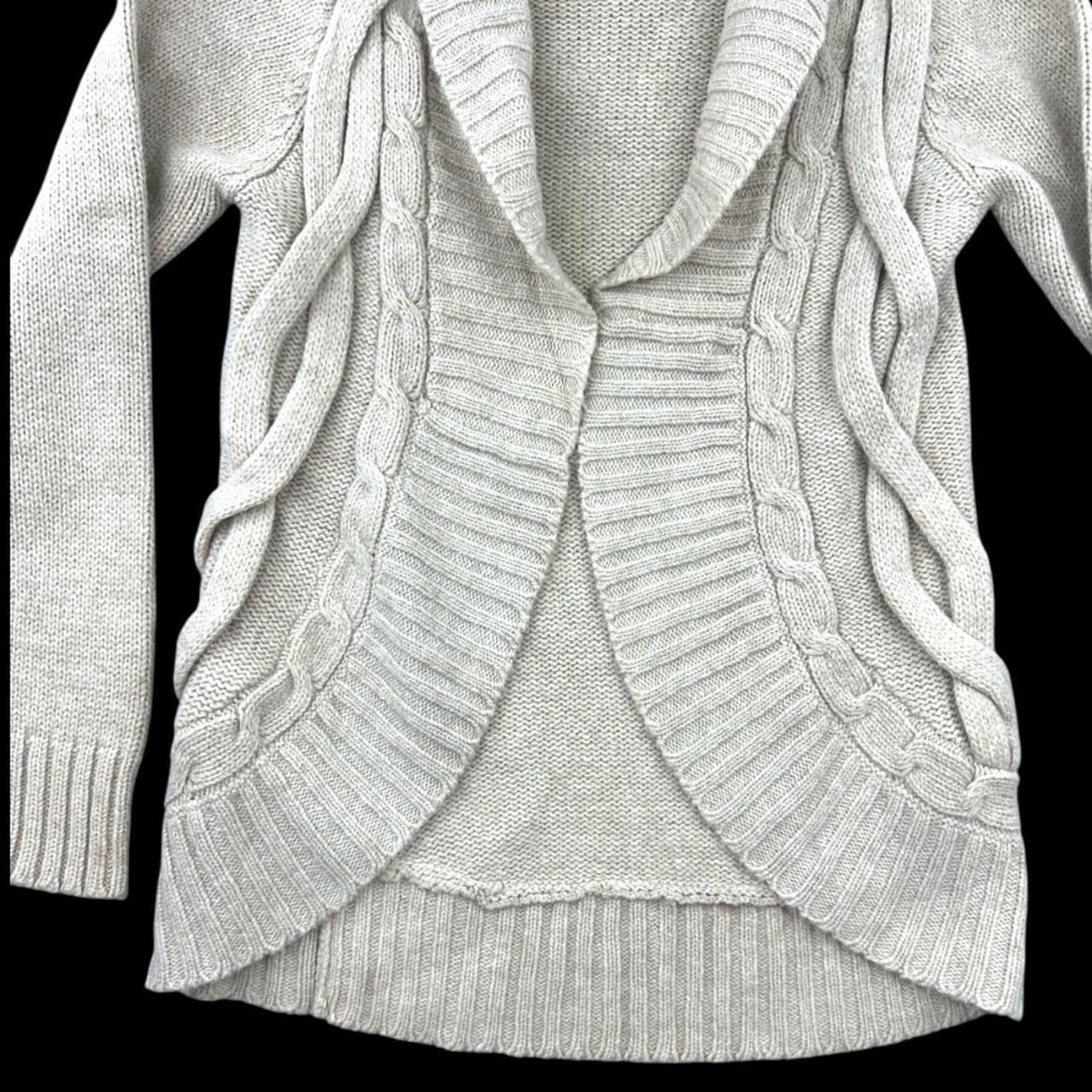 Object Cable Knit Cardigan Shawl Collar Open Front Tan Cream