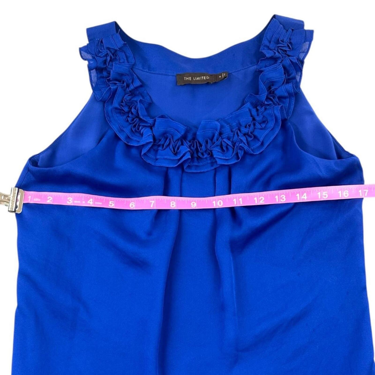 The Limited Royal Blue Satin Sleeveless Top with Ruffled Neckline