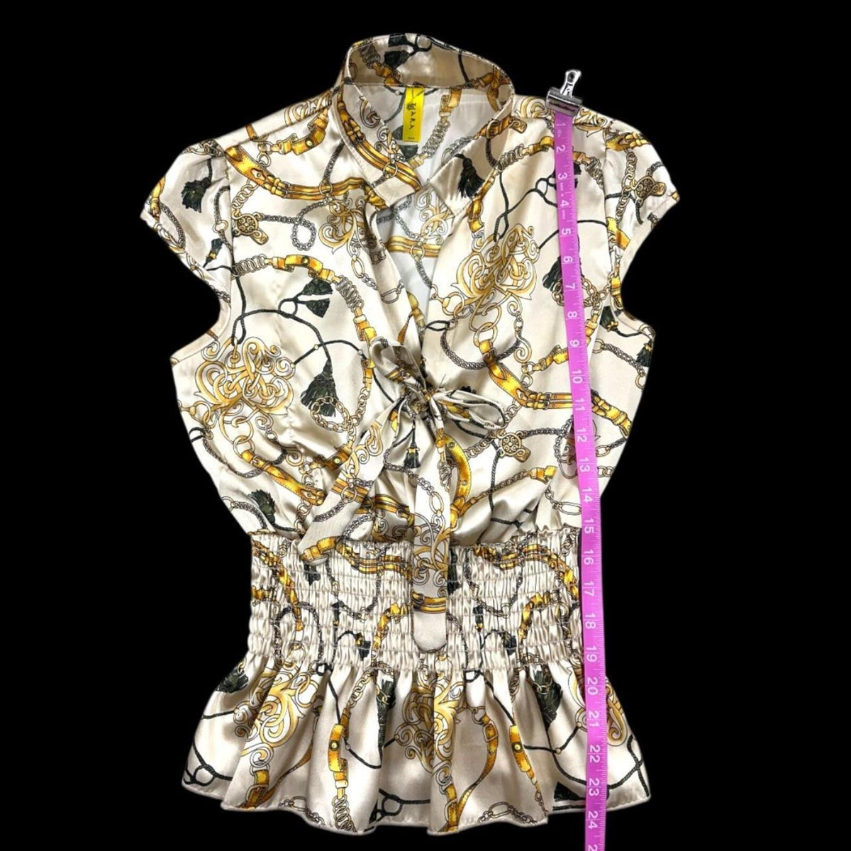Tiara Chain Print Sleeveless Blouse White Gold Tie Front Smock
