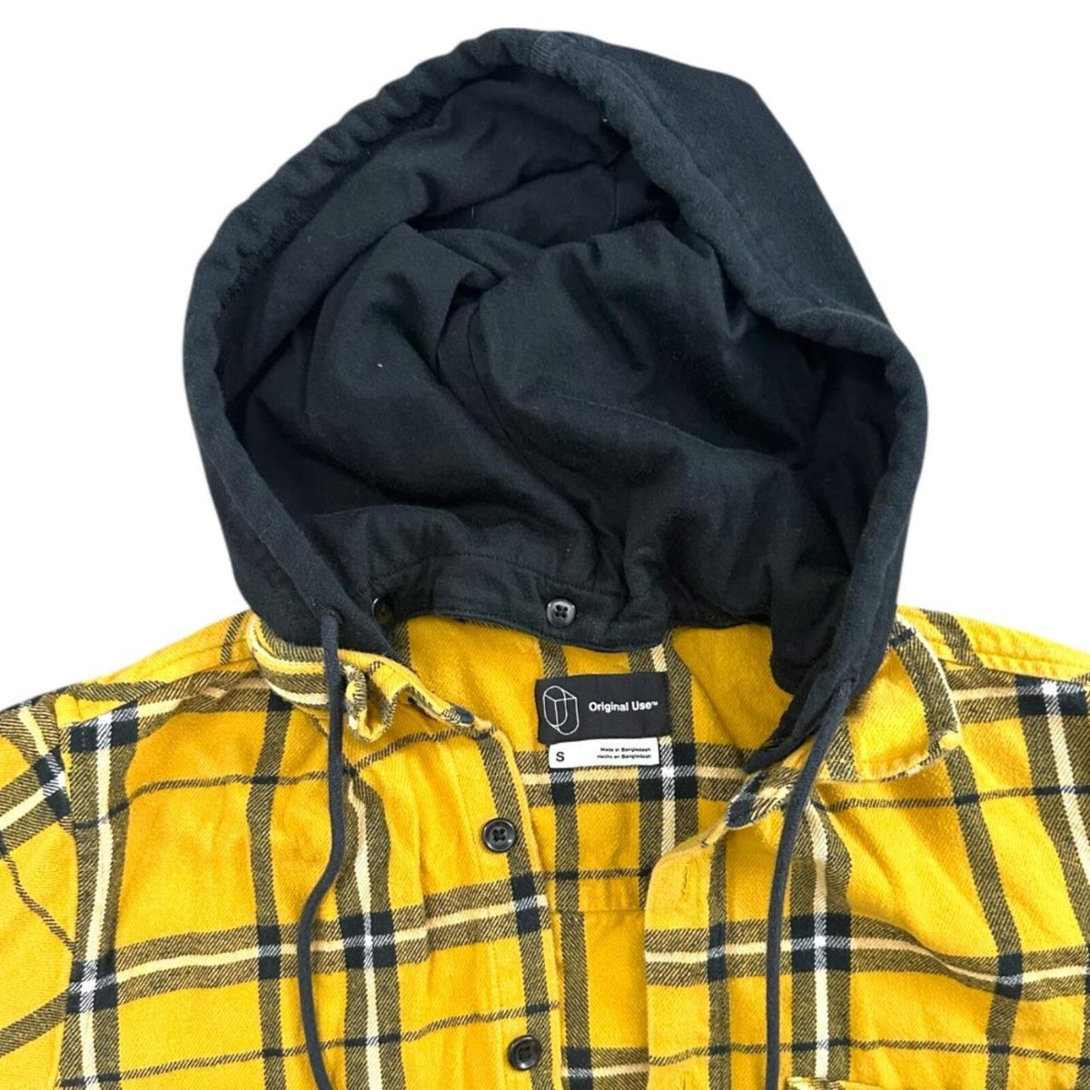 Original Use Long Sleeve Hooded Flannel Shirt Yellow Black White Plaid