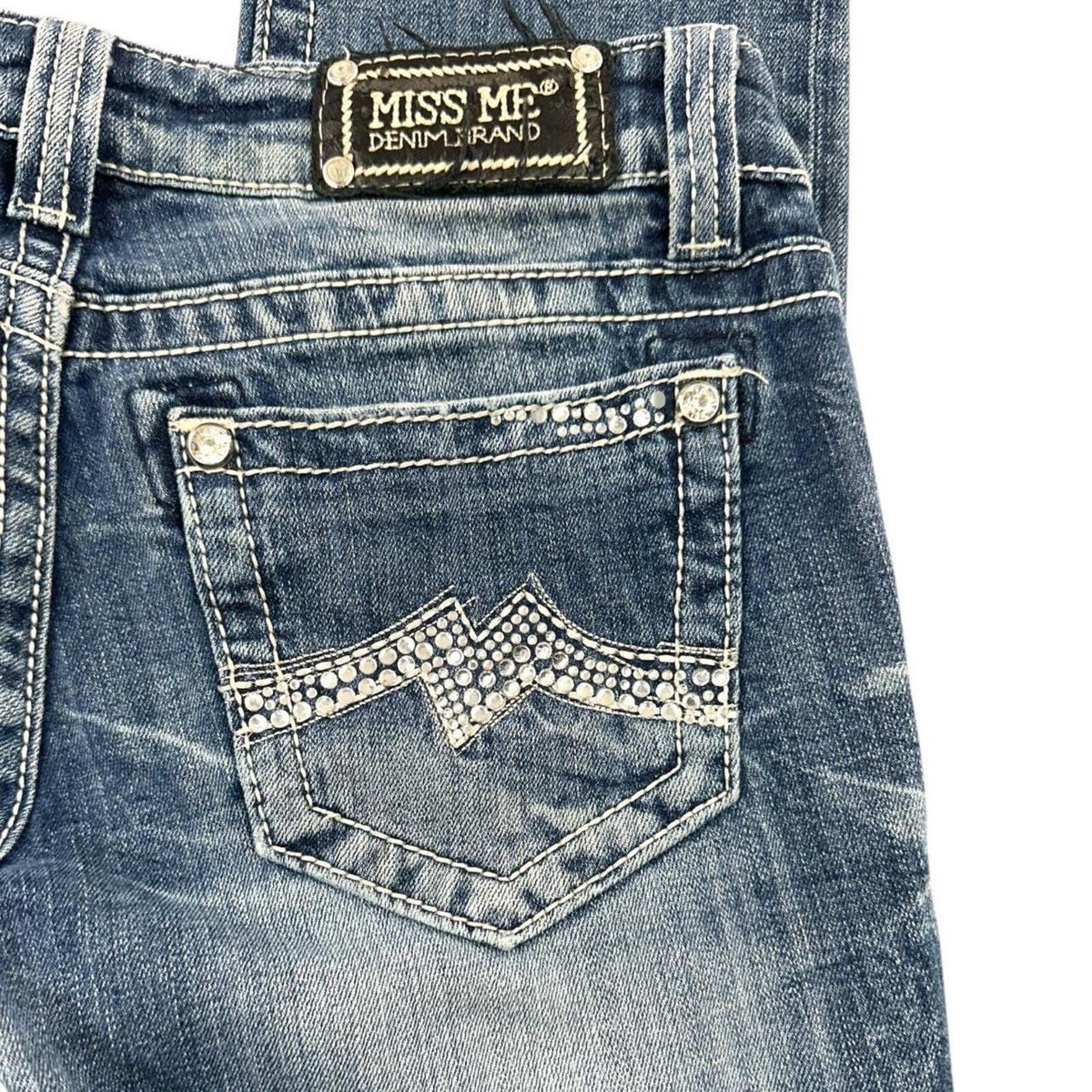 Miss Me Y2K Denim Jeans Mid Rise Straight Leg Blue with Rhinestone Embellished