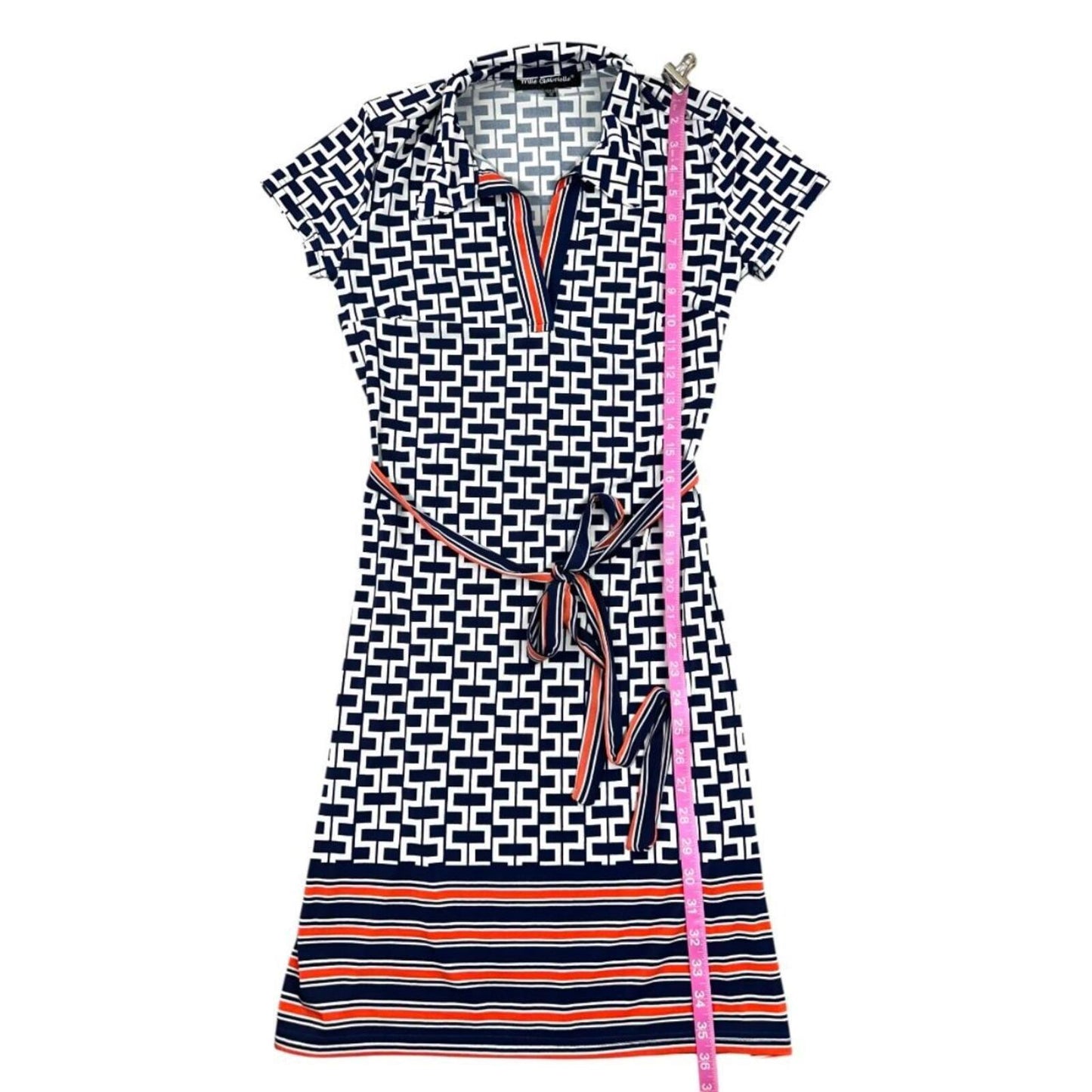 Mlle Gabrielle Blue and White Geometric Print Dress with Belt Preppy Coquette