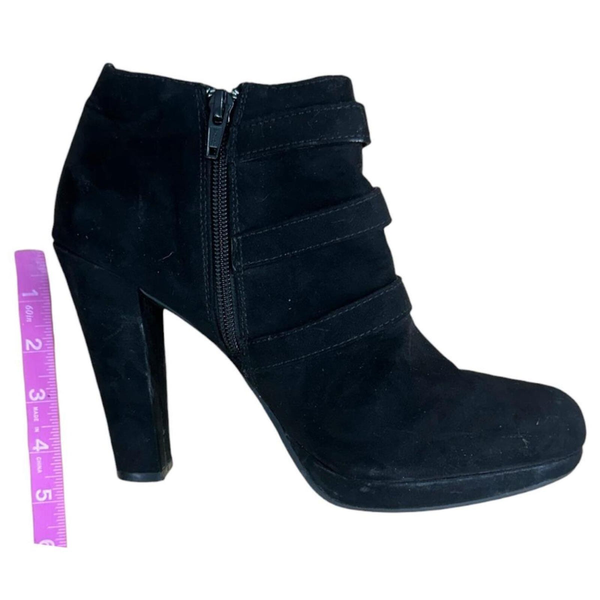 Report Rachael Black Faux Suede Ankle Booties with Silver Buckle Straps