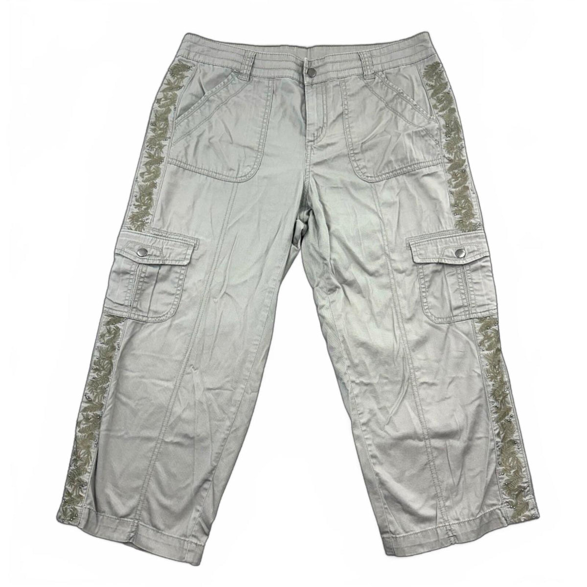 Y2K Khaki Gray Cropped Cargo Pants with Embroidered Side Detail