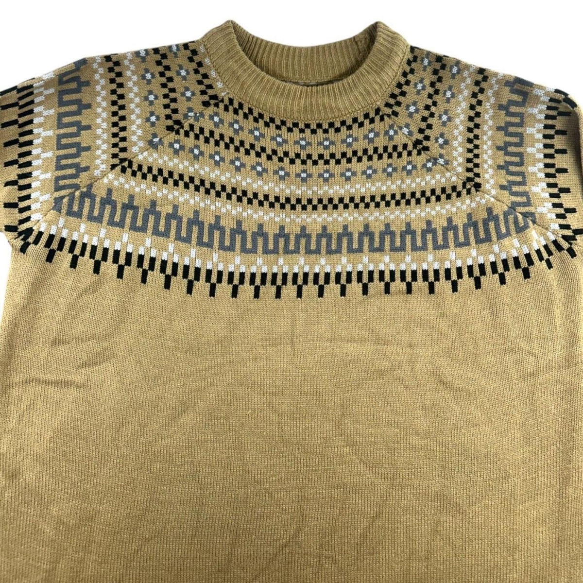Tan Nordic Style Sweater Crewneck Geometric Pattern Knit Pullover