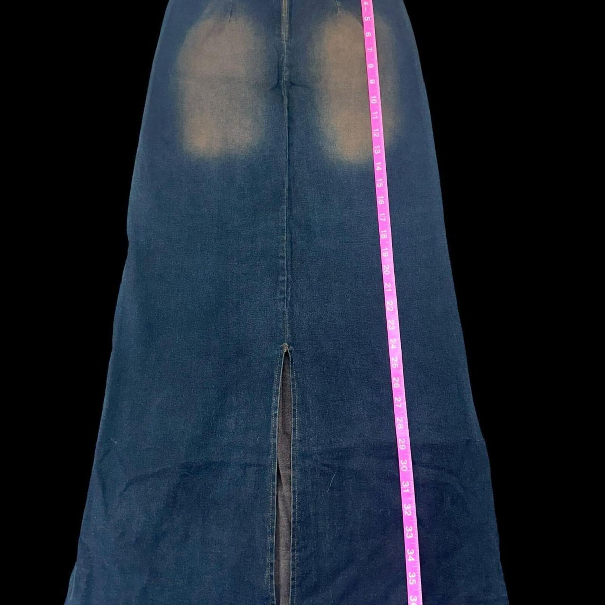MOA Long Distressed Denim Skirt Dark Wash with Brown Copper Accents