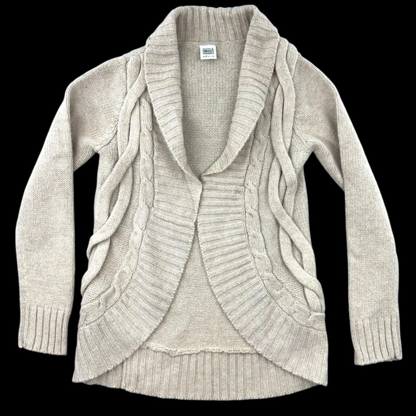 Object Cable Knit Cardigan Shawl Collar Open Front Tan Cream