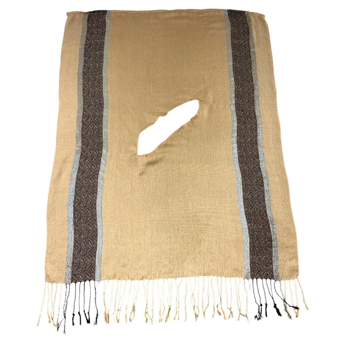Boho Tan and Brown Fringe Poncho with Cutout and Woven Pattern