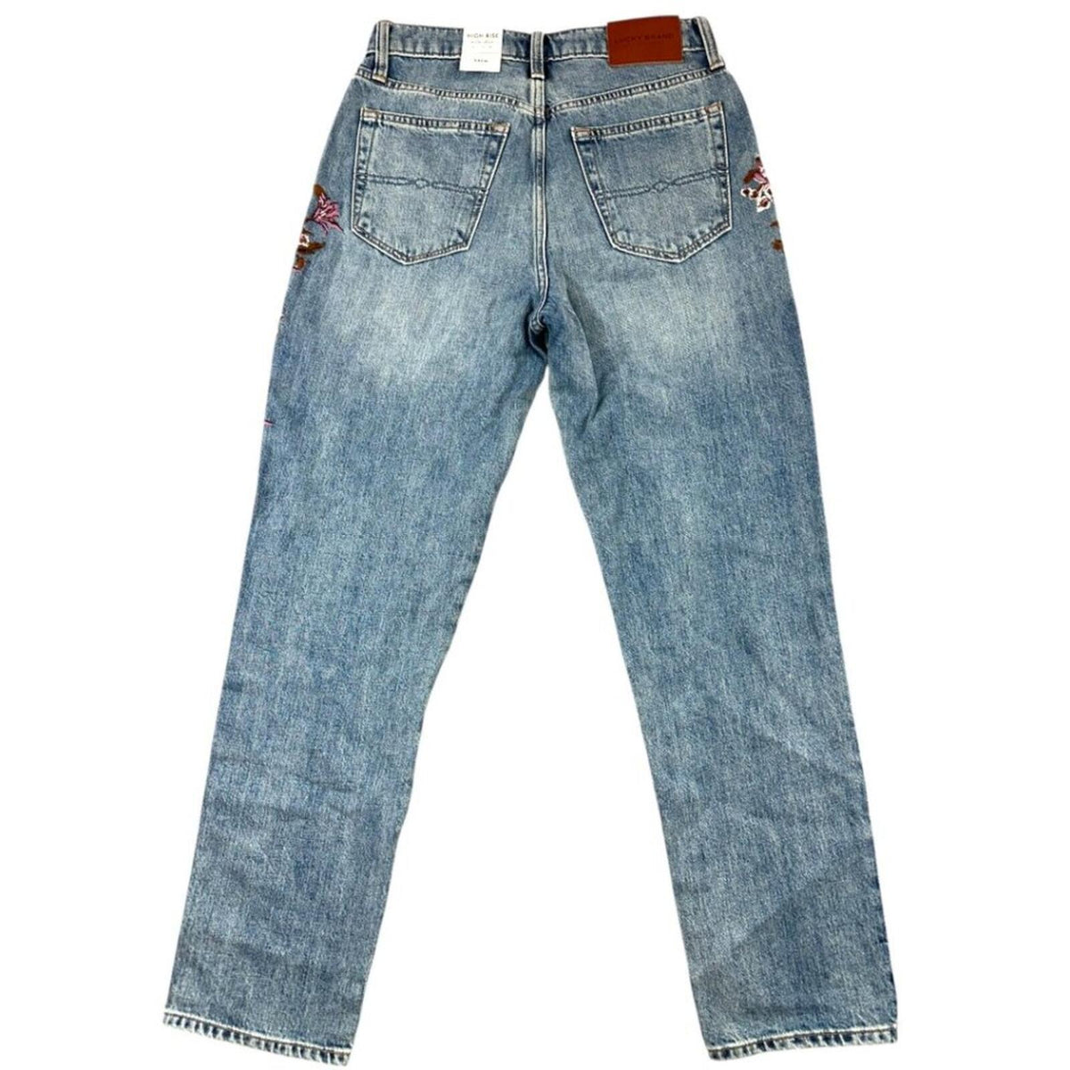 Lucky Brand Drew Floral High Rise Mom Jeans Blue Denim with Pink Embroidery