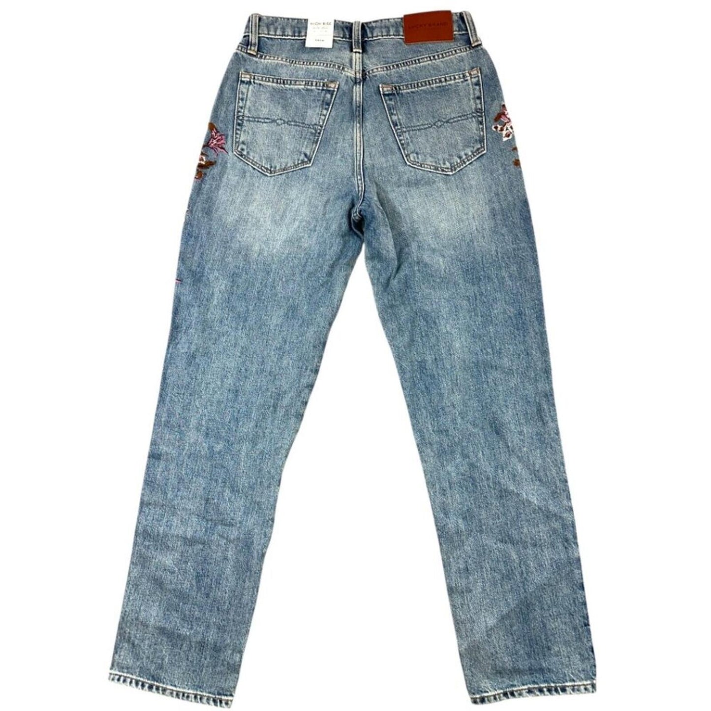 Lucky Brand Drew Floral High Rise Mom Jeans Blue Denim with Pink Embroidery