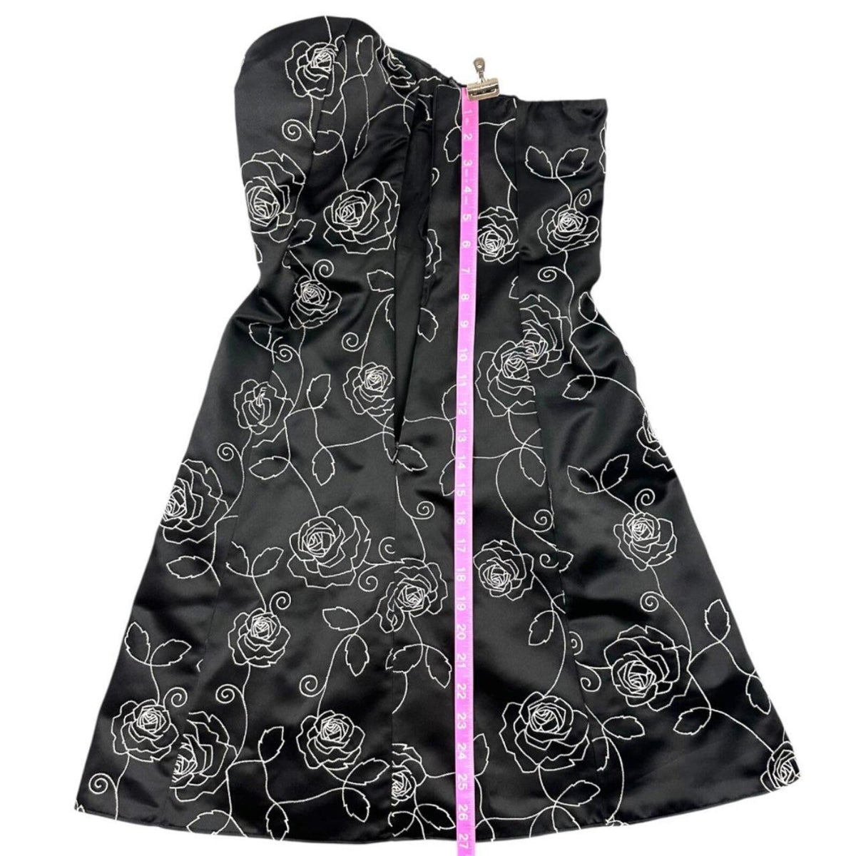 White House Black Market Strapless Black Sateen Dress with White Floral Embroide