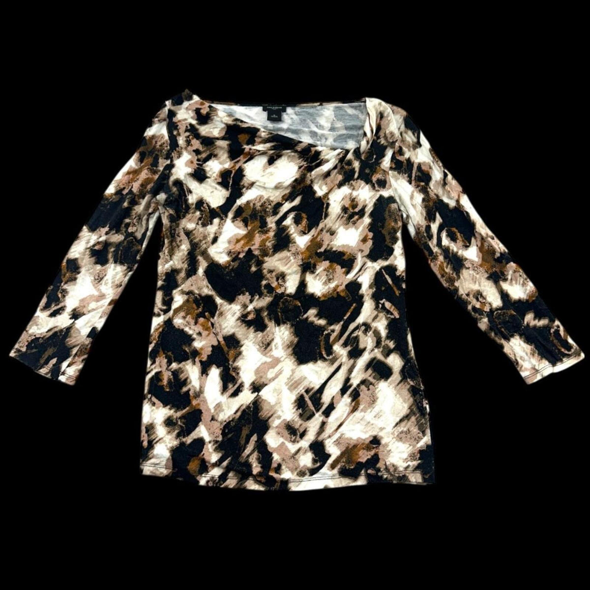 Ann Taylor Long Sleeve Boat Neck Blouse in Abstract Animal Print Brown Y2K